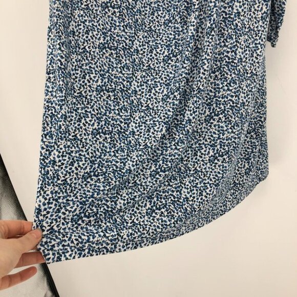 LOFT Light blue white dotted side gather short sleeve rayon midi sheath dress L - Picture 6 of 14